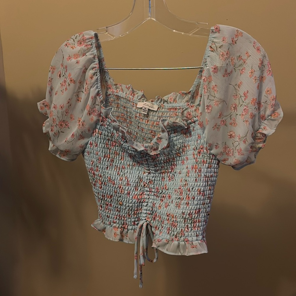 Blashe Floral Ribbed Mesh Puffed Sleeve Blouse (M)
